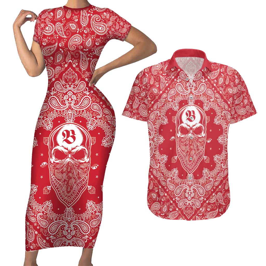 Red Paisley Couples Matching Short Sleeve Bodycon Dress and Hawaiian Shirt Skull Gangster - Wonder Print Shop