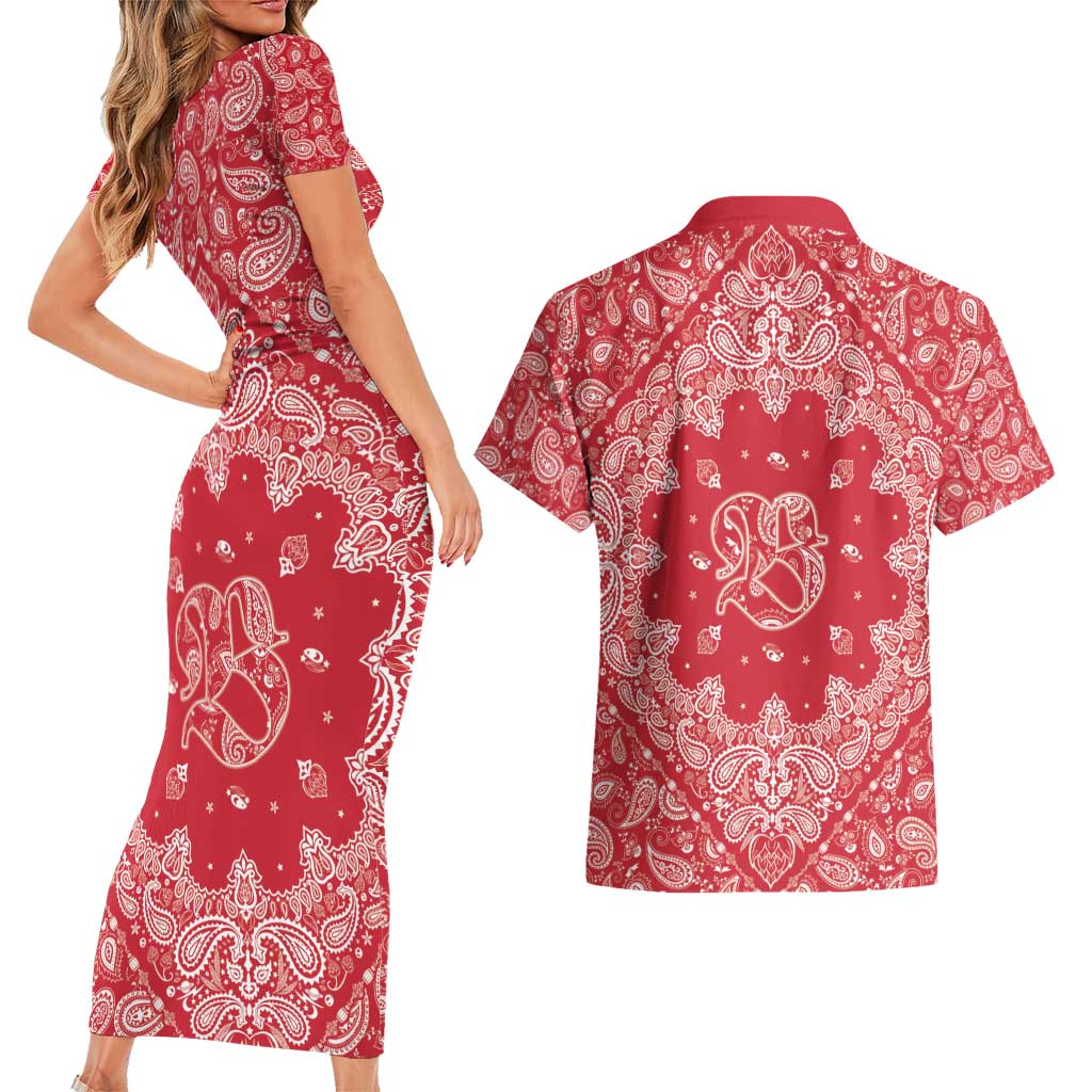 Red Paisley Couples Matching Short Sleeve Bodycon Dress and Hawaiian Shirt Skull Gangster - Wonder Print Shop