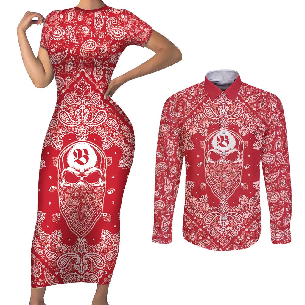 Red Paisley Couples Matching Short Sleeve Bodycon Dress and Long Sleeve Button Shirt Skull Gangster - Wonder Print Shop
