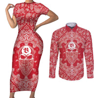 Red Paisley Couples Matching Short Sleeve Bodycon Dress and Long Sleeve Button Shirt Skull Gangster - Wonder Print Shop
