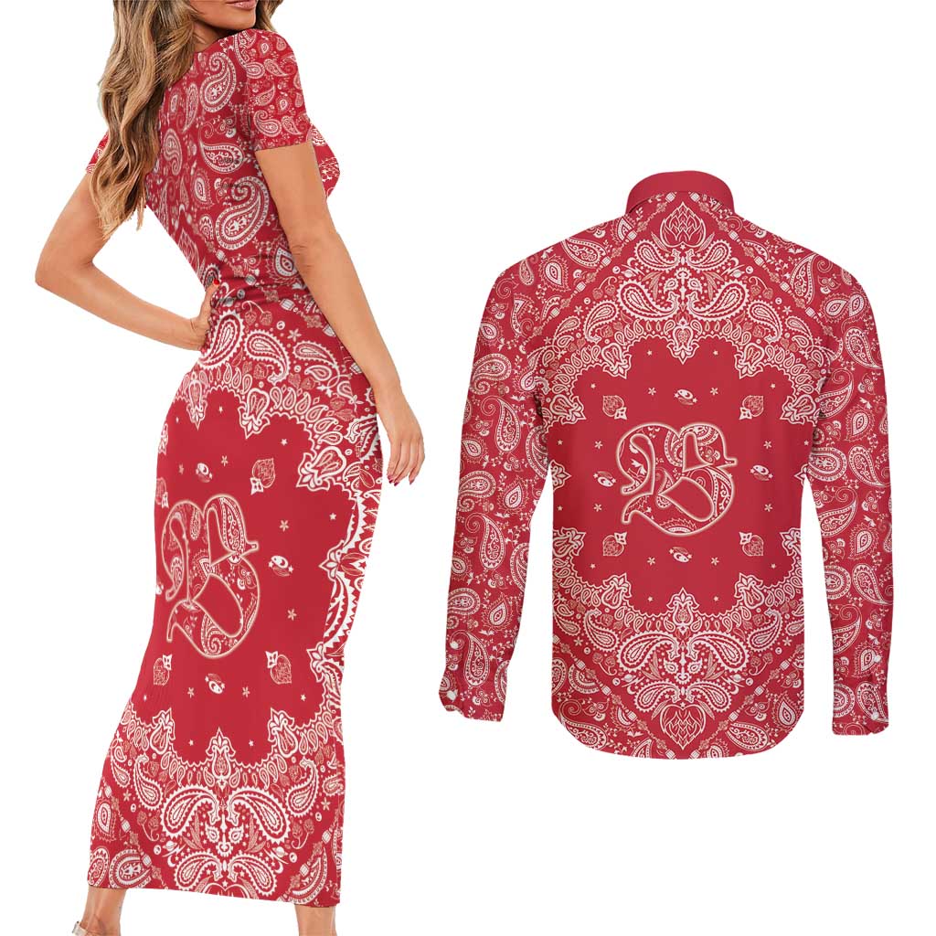 Red Paisley Couples Matching Short Sleeve Bodycon Dress and Long Sleeve Button Shirt Skull Gangster - Wonder Print Shop