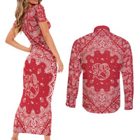 Red Paisley Couples Matching Short Sleeve Bodycon Dress and Long Sleeve Button Shirt Skull Gangster - Wonder Print Shop