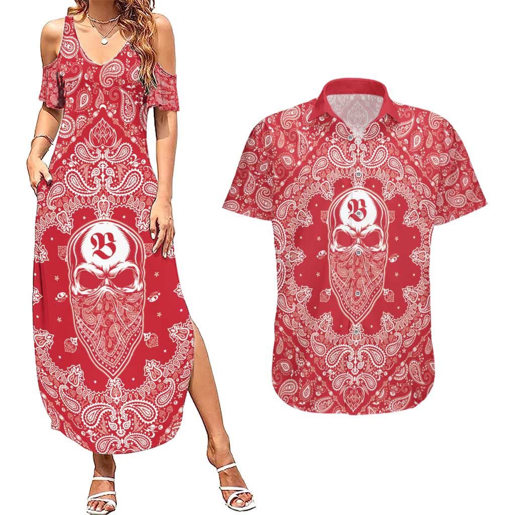Red Paisley Couples Matching Summer Maxi Dress and Hawaiian Shirt Skull Gangster - Wonder Print Shop