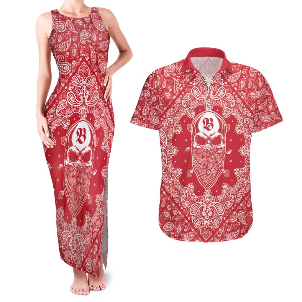 Red Paisley Couples Matching Tank Maxi Dress and Hawaiian Shirt Skull Gangster - Wonder Print Shop