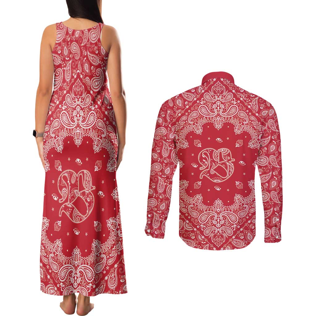 Red Paisley Couples Matching Tank Maxi Dress and Long Sleeve Button Shirt Skull Gangster - Wonder Print Shop