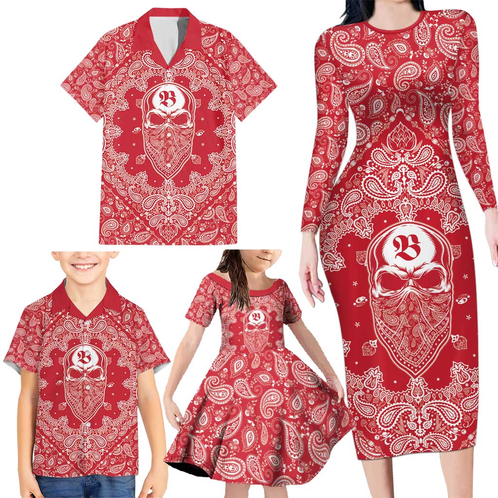 Red Paisley Family Matching Long Sleeve Bodycon Dress and Hawaiian Shirt Skull Gangster - Wonder Print Shop
