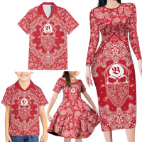 Red Paisley Family Matching Long Sleeve Bodycon Dress and Hawaiian Shirt Skull Gangster - Wonder Print Shop