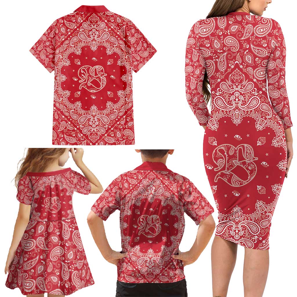 Red Paisley Family Matching Long Sleeve Bodycon Dress and Hawaiian Shirt Skull Gangster - Wonder Print Shop