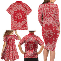 Red Paisley Family Matching Long Sleeve Bodycon Dress and Hawaiian Shirt Skull Gangster - Wonder Print Shop