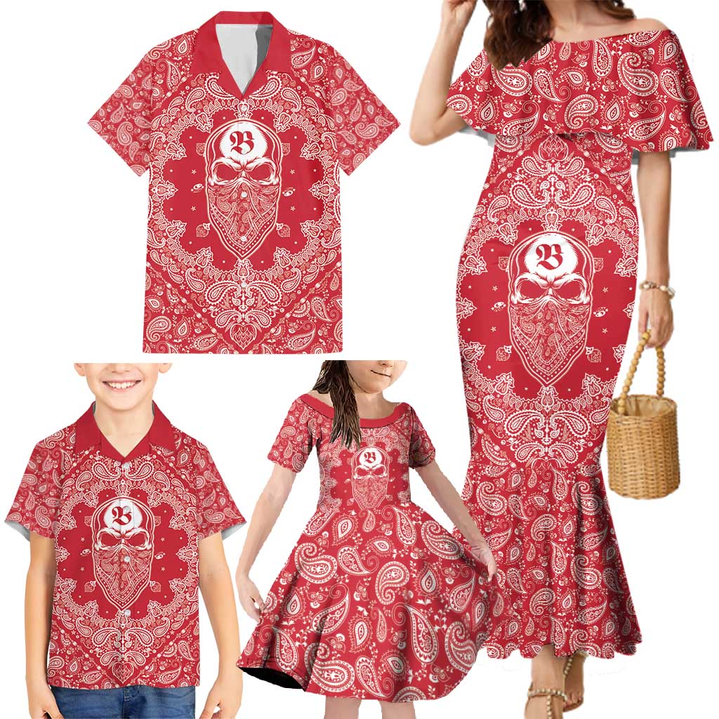 Red Paisley Family Matching Mermaid Dress and Hawaiian Shirt Skull Gangster - Wonder Print Shop