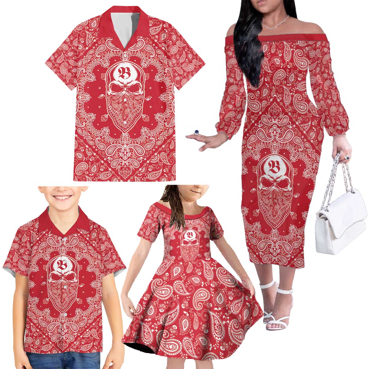 Red Paisley Family Matching Off The Shoulder Long Sleeve Dress and Hawaiian Shirt Skull Gangster - Wonder Print Shop