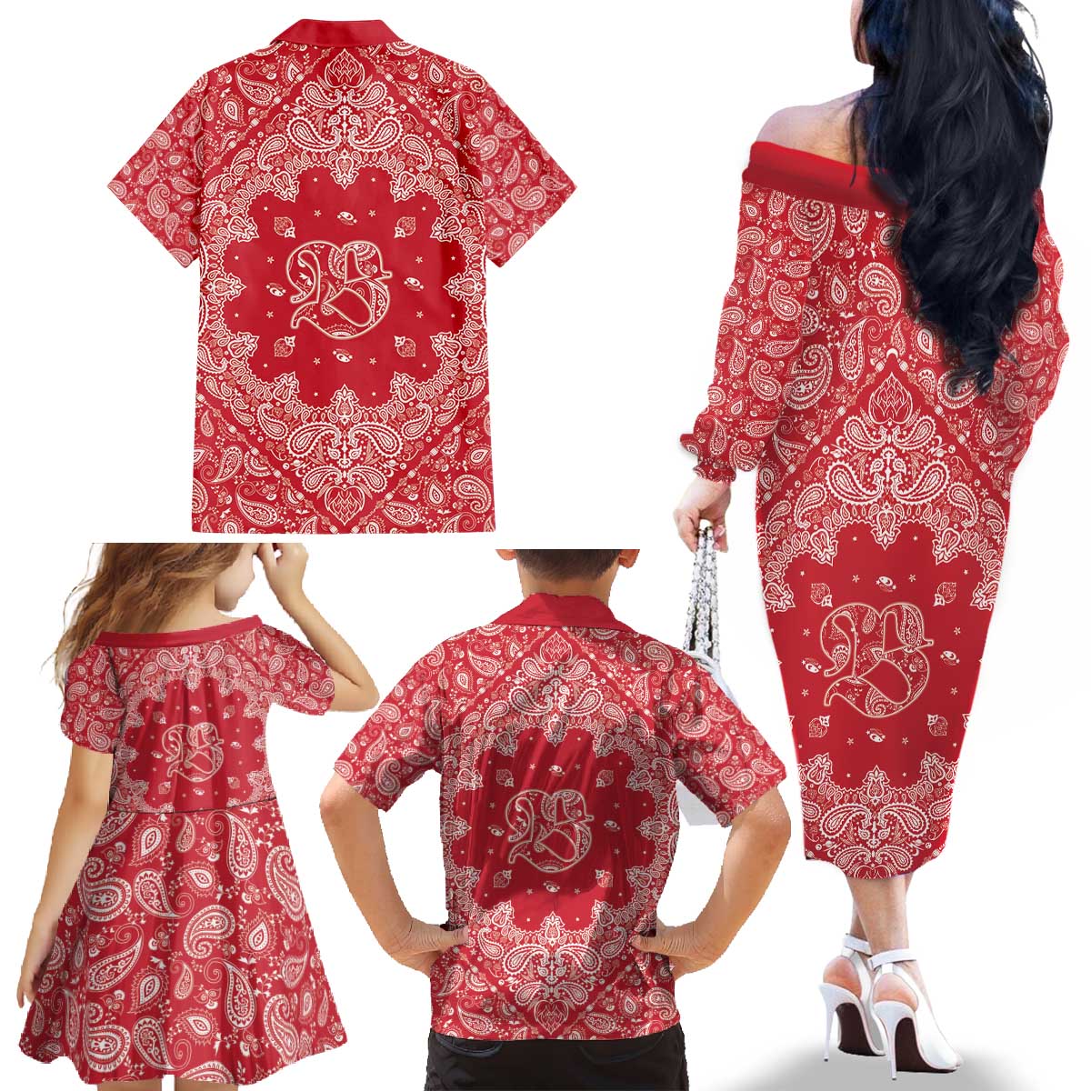Red Paisley Family Matching Off The Shoulder Long Sleeve Dress and Hawaiian Shirt Skull Gangster - Wonder Print Shop