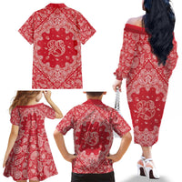 Red Paisley Family Matching Off The Shoulder Long Sleeve Dress and Hawaiian Shirt Skull Gangster - Wonder Print Shop