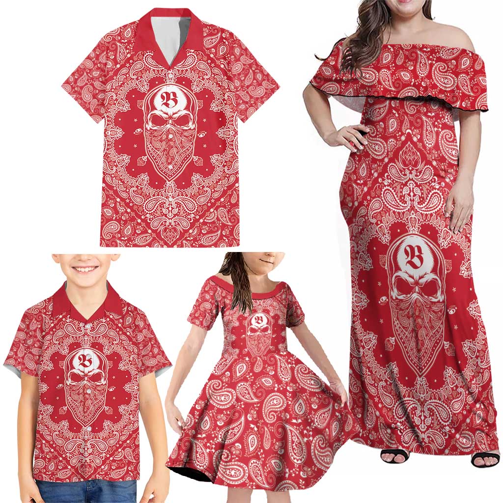 Red Paisley Family Matching Off Shoulder Maxi Dress and Hawaiian Shirt Skull Gangster - Wonder Print Shop