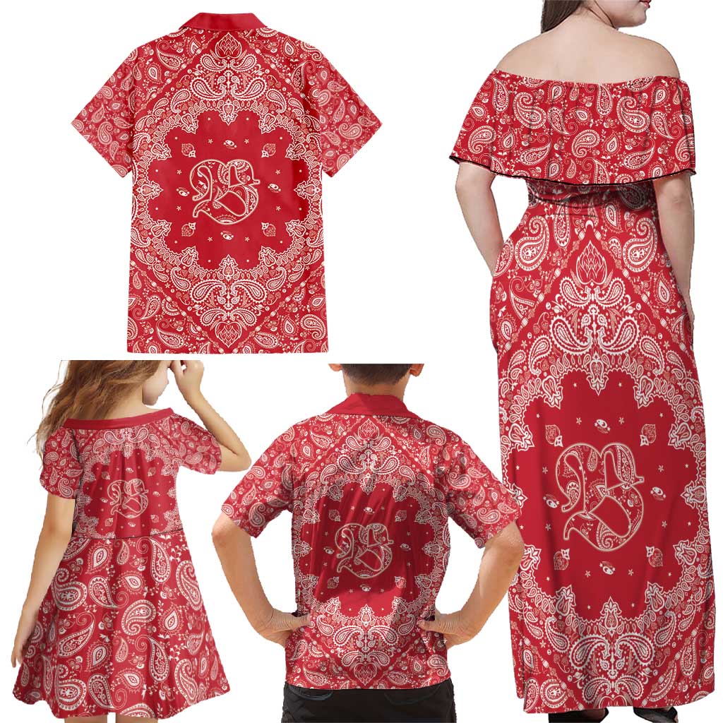 Red Paisley Family Matching Off Shoulder Maxi Dress and Hawaiian Shirt Skull Gangster - Wonder Print Shop