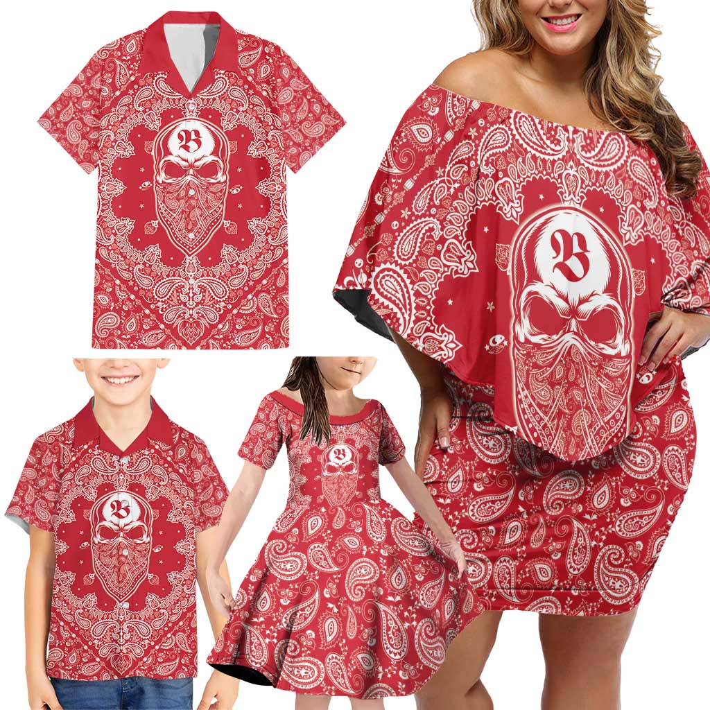 Red Paisley Family Matching Off Shoulder Short Dress and Hawaiian Shirt Skull Gangster - Wonder Print Shop