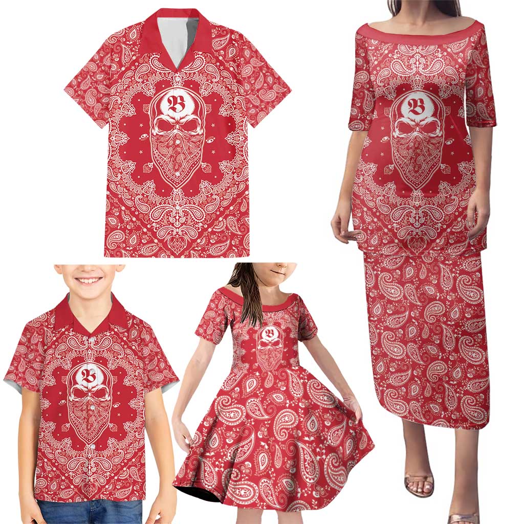 Red Paisley Family Matching Puletasi and Hawaiian Shirt Skull Gangster - Wonder Print Shop