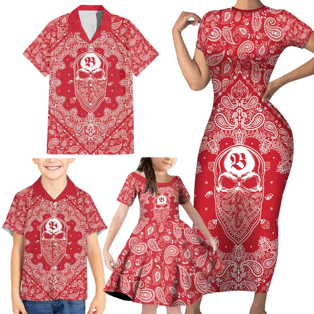 Red Paisley Family Matching Short Sleeve Bodycon Dress and Hawaiian Shirt Skull Gangster - Wonder Print Shop