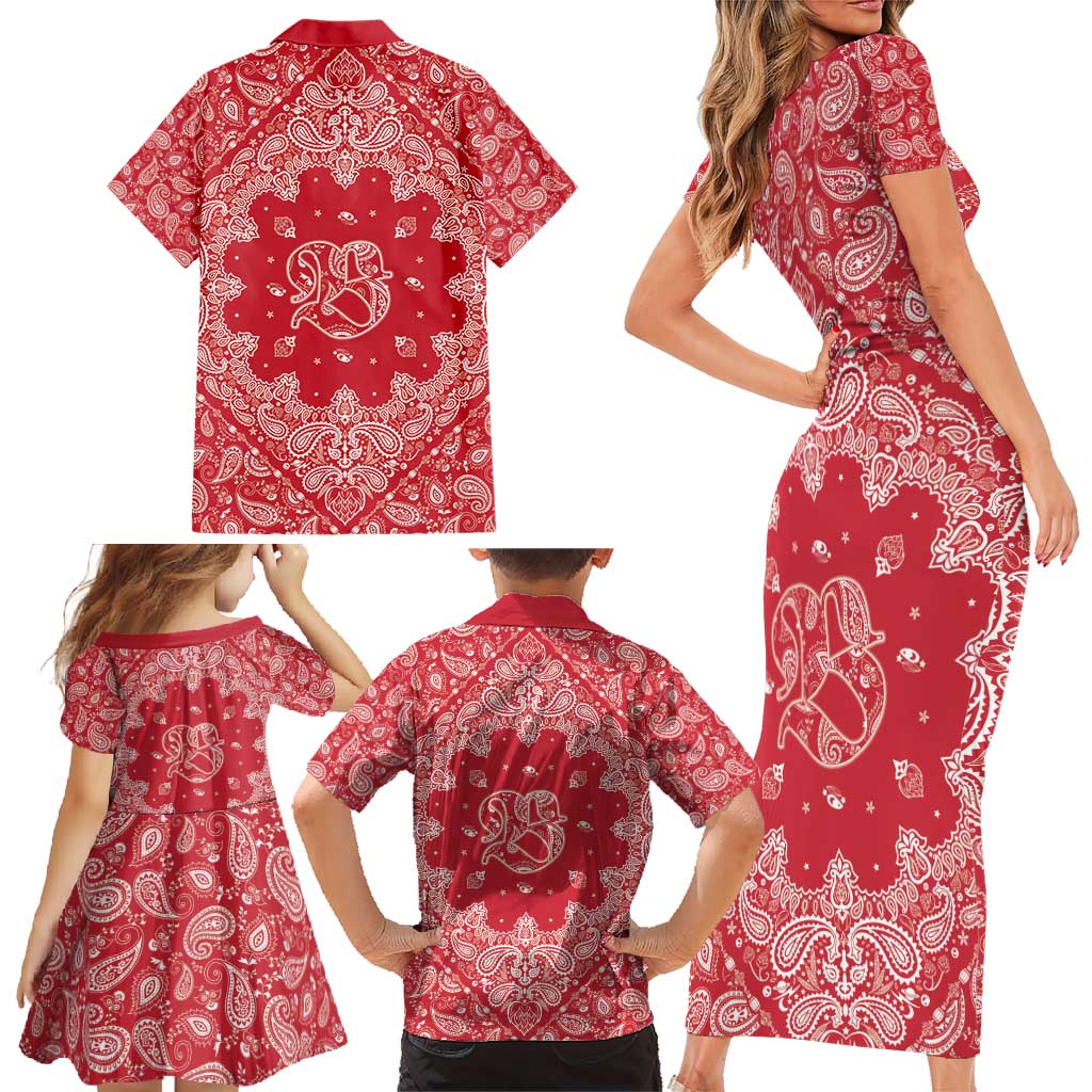 Red Paisley Family Matching Short Sleeve Bodycon Dress and Hawaiian Shirt Skull Gangster - Wonder Print Shop