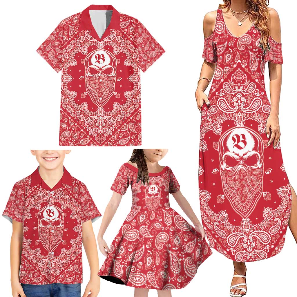 Red Paisley Family Matching Summer Maxi Dress and Hawaiian Shirt Skull Gangster - Wonder Print Shop