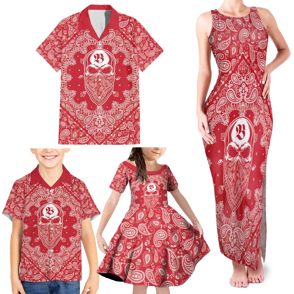 Red Paisley Family Matching Tank Maxi Dress and Hawaiian Shirt Skull Gangster - Wonder Print Shop