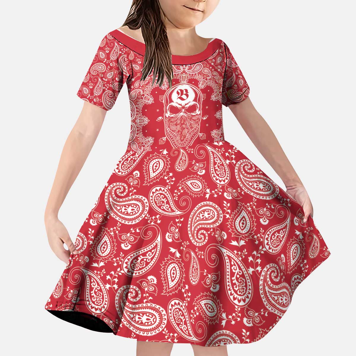 Red Paisley Kid Short Sleeve Dress Skull Gangster - Wonder Print Shop