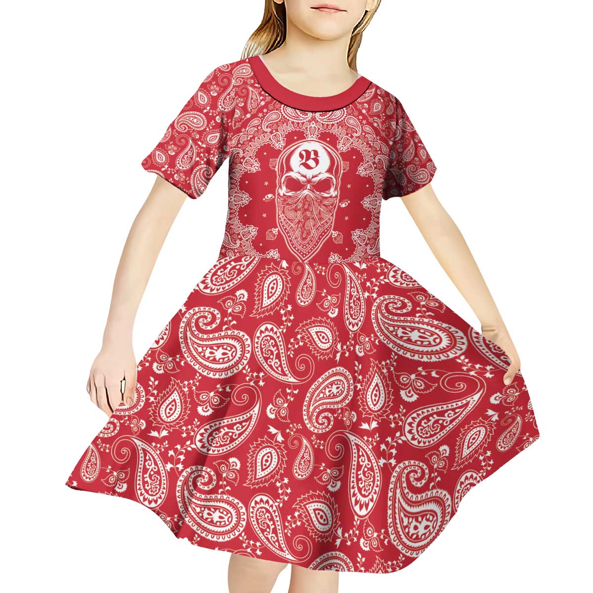 Red Paisley Kid Short Sleeve Dress Skull Gangster - Wonder Print Shop
