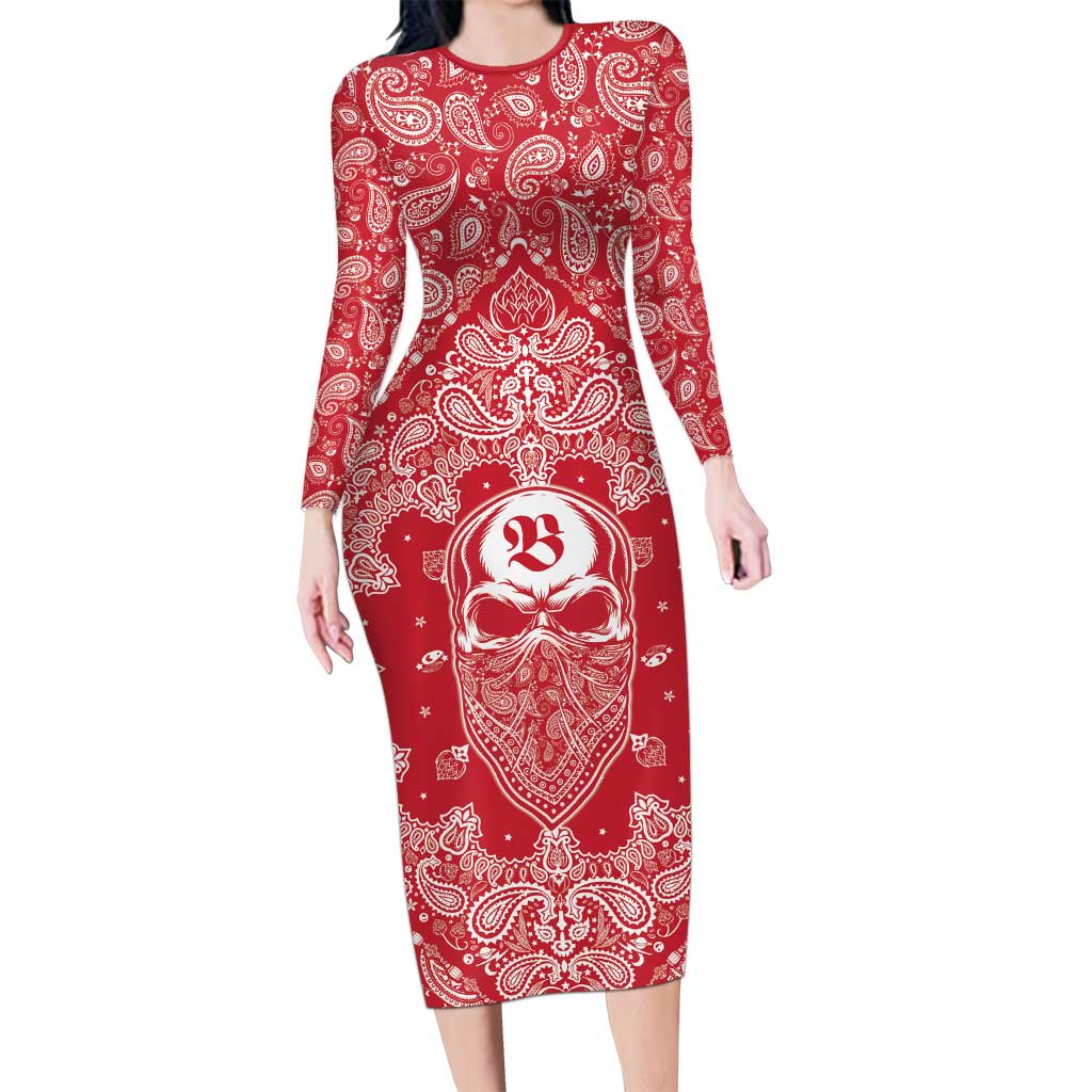 Red Paisley Long Sleeve Bodycon Dress Skull Gangster - Wonder Print Shop