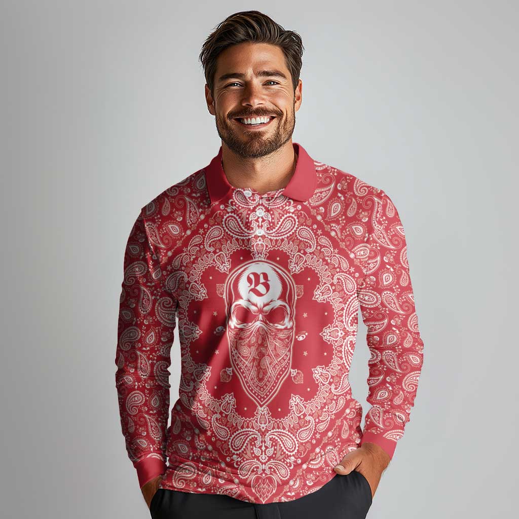 Red Paisley Long Sleeve Polo Shirt Skull Gangster - Wonder Print Shop