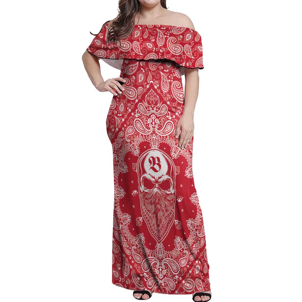 Red Paisley Off Shoulder Maxi Dress Skull Gangster - Wonder Print Shop