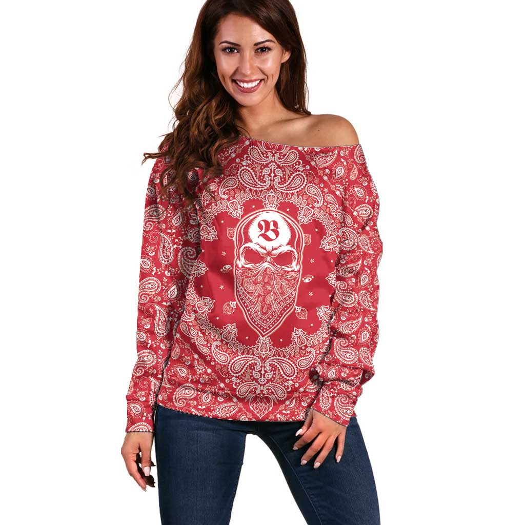 Red Paisley Off Shoulder Sweater Skull Gangster - Wonder Print Shop