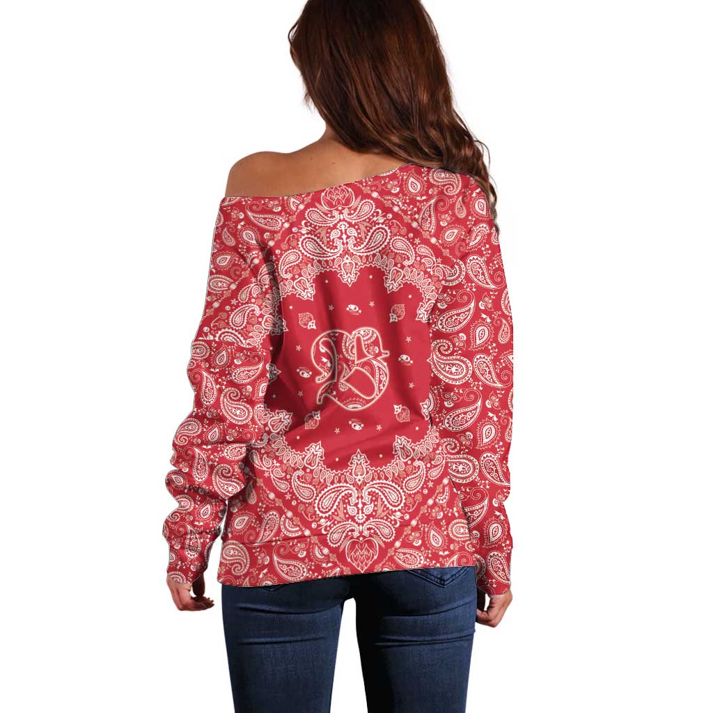 Red Paisley Off Shoulder Sweater Skull Gangster - Wonder Print Shop