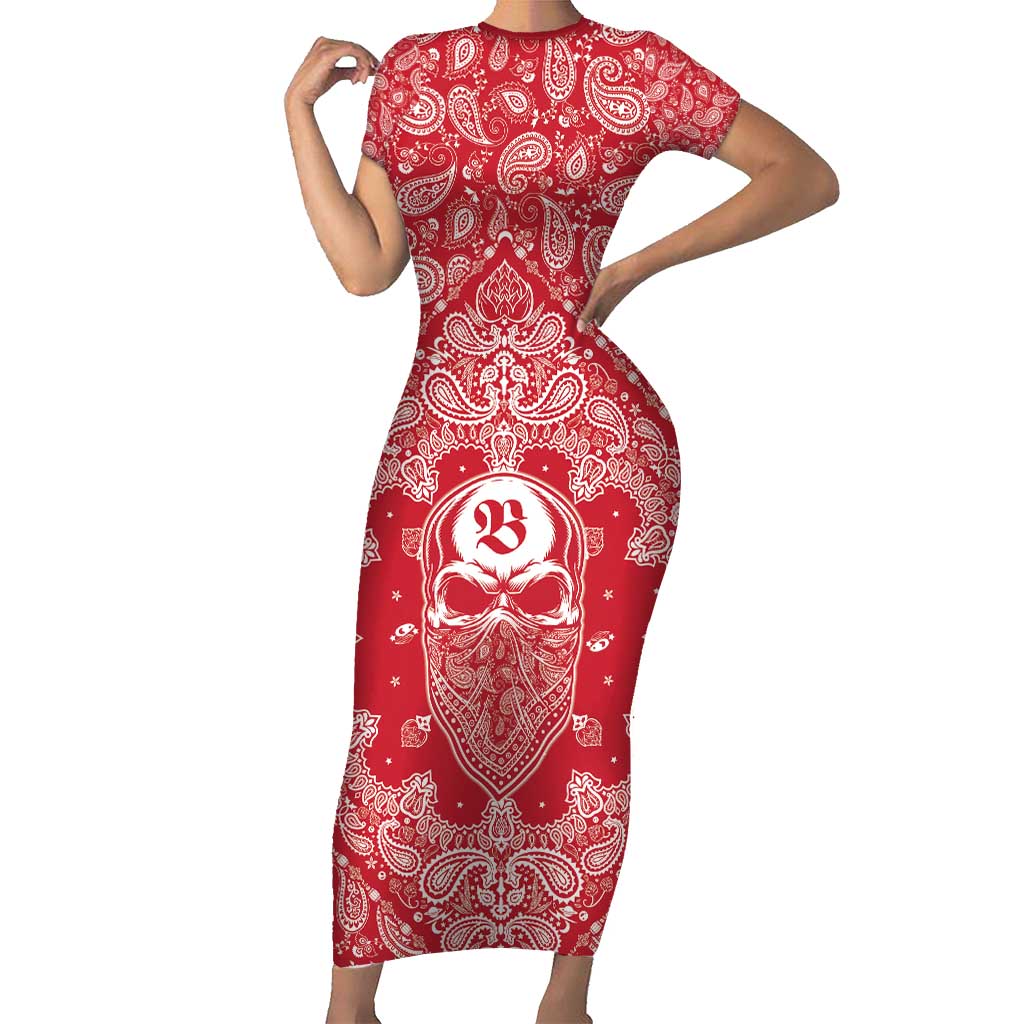 Red Paisley Short Sleeve Bodycon Dress Skull Gangster - Wonder Print Shop