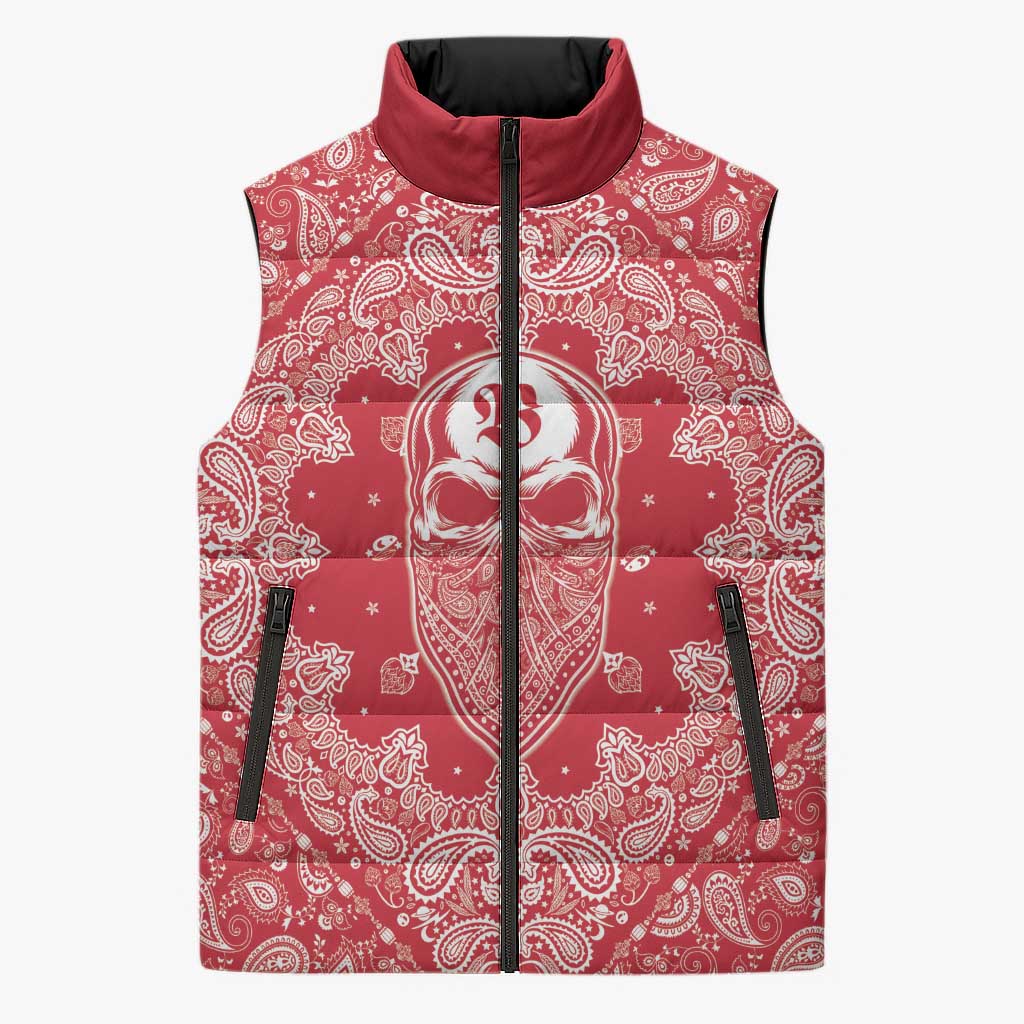 Red Paisley Sleeveless Puffer Jacket Skull Gangster - Wonder Print Shop
