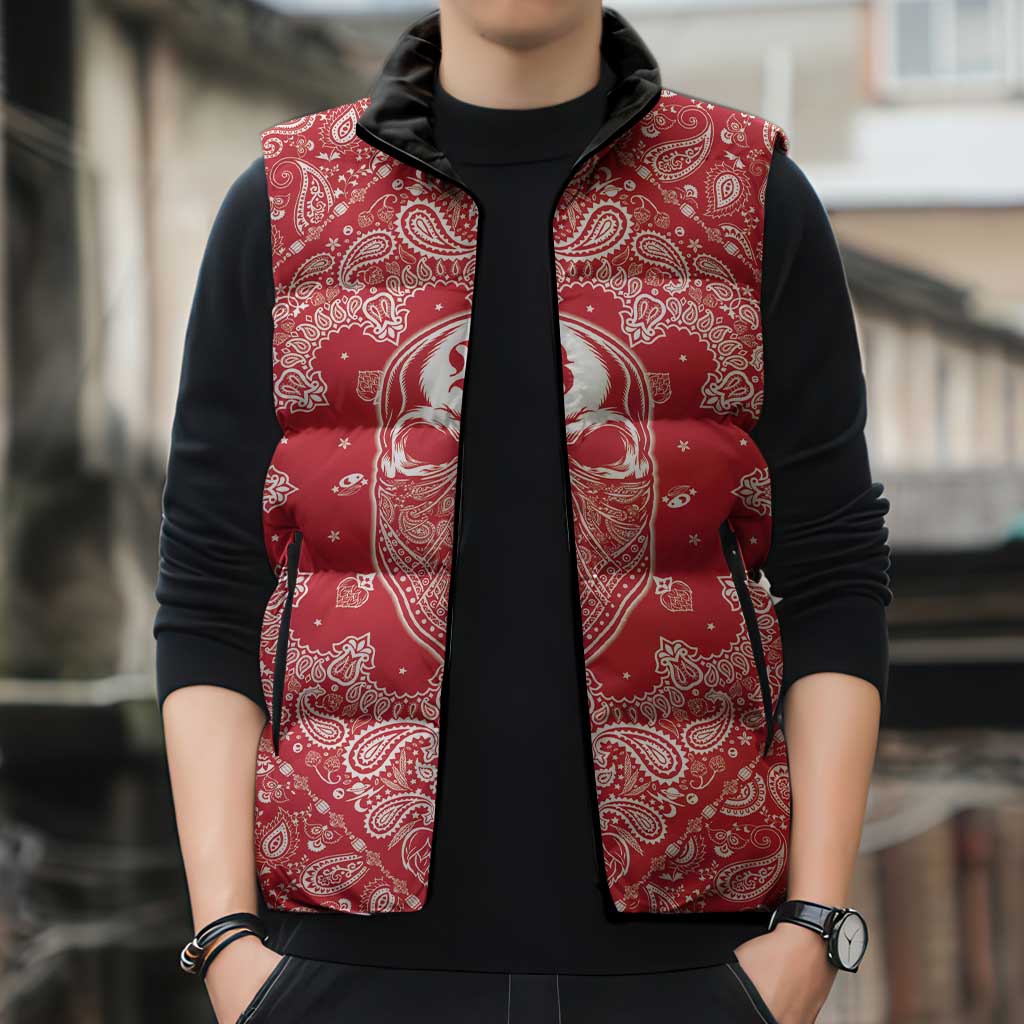 Red Paisley Sleeveless Puffer Jacket Skull Gangster - Wonder Print Shop