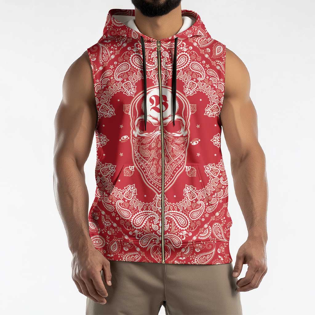 Red Paisley Sleeveless Zip Hoodie Skull Gangster - Wonder Print Shop