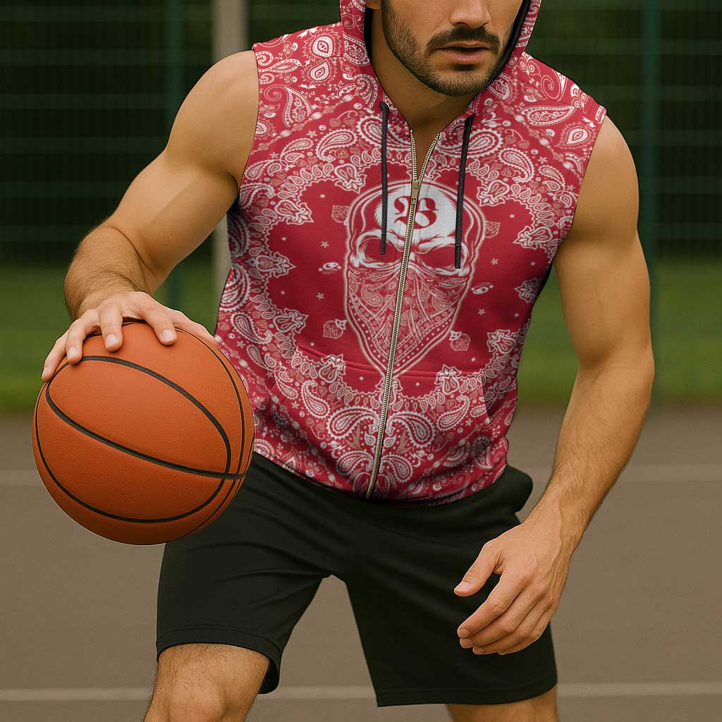 Red Paisley Sleeveless Zip Hoodie Skull Gangster - Wonder Print Shop