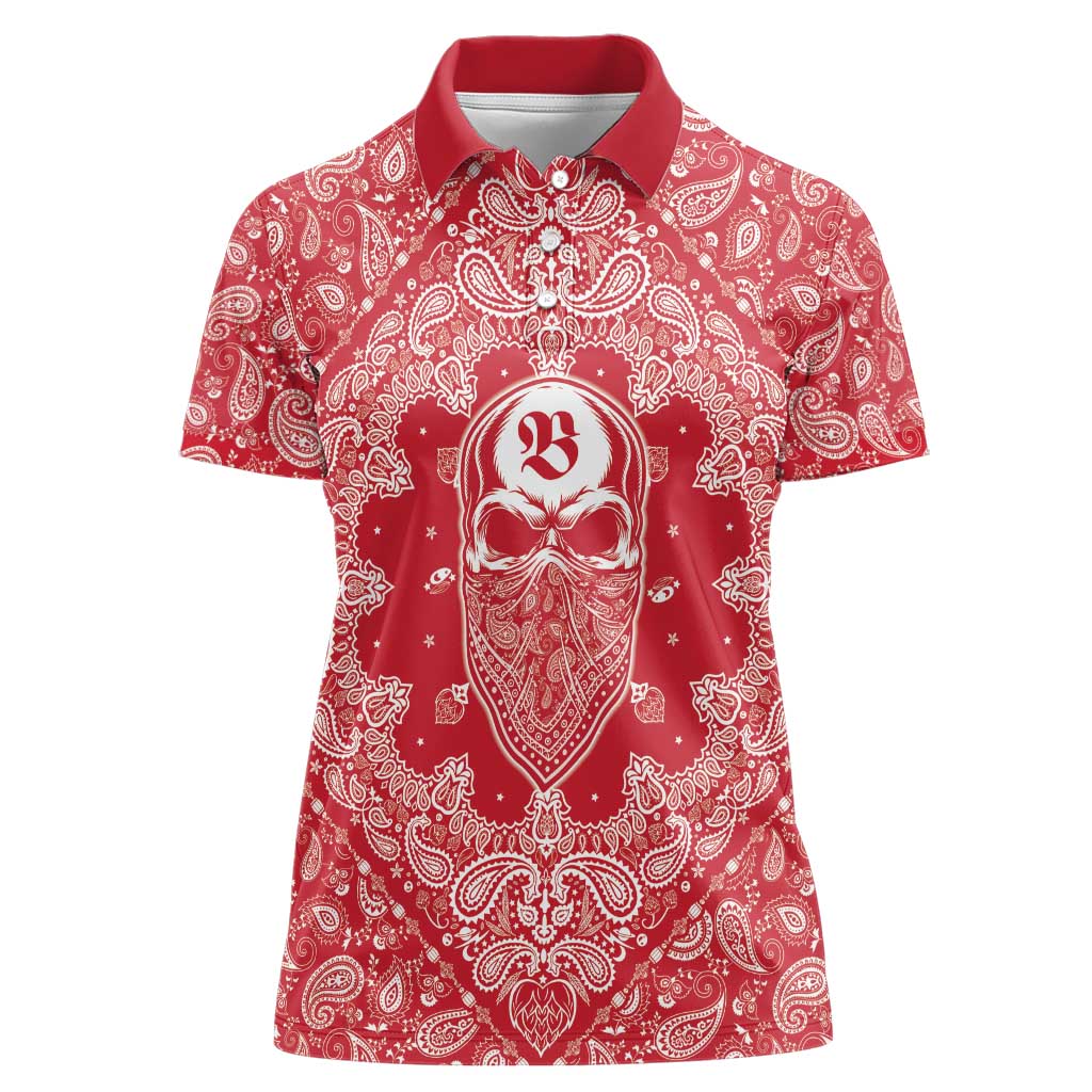 Red Paisley Women Polo Shirt Skull Gangster - Wonder Print Shop