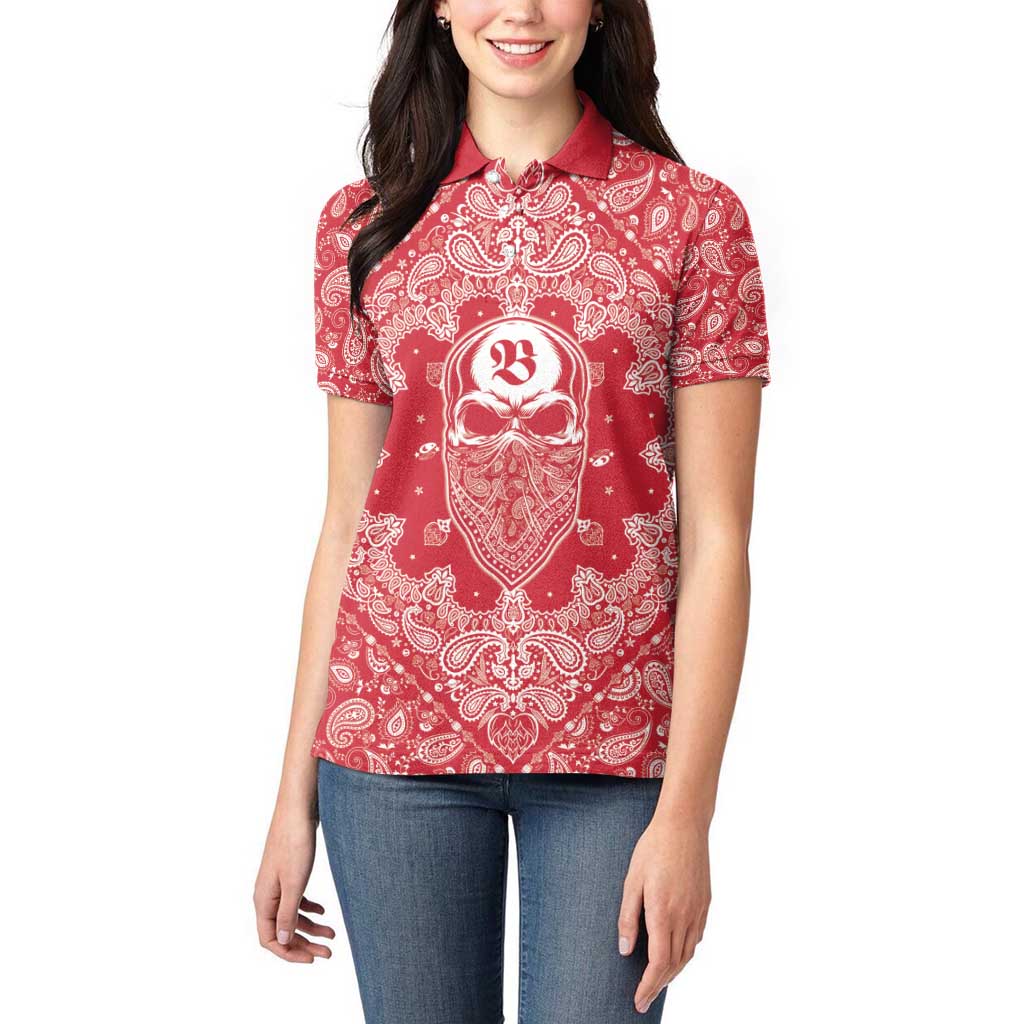 Red Paisley Women Polo Shirt Skull Gangster - Wonder Print Shop