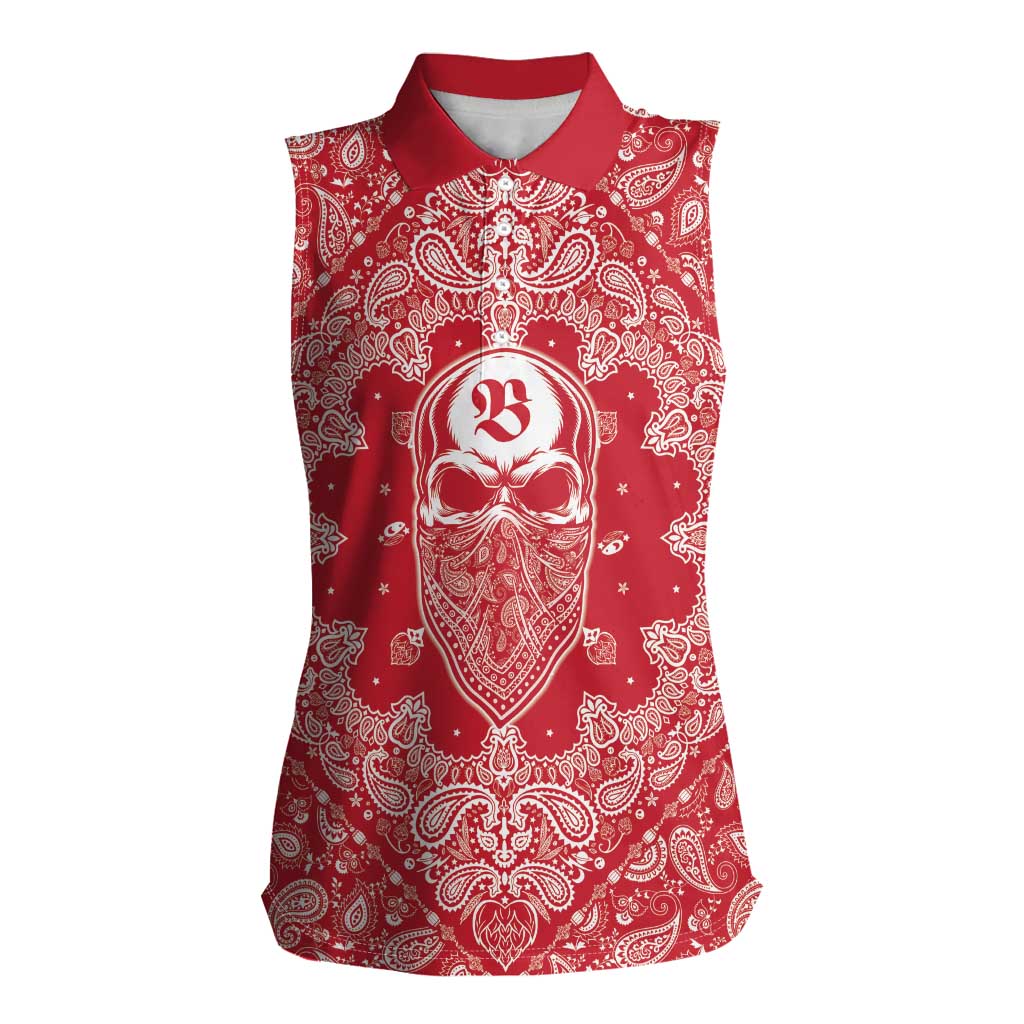 Red Paisley Women Sleeveless Polo Shirt Skull Gangster - Wonder Print Shop