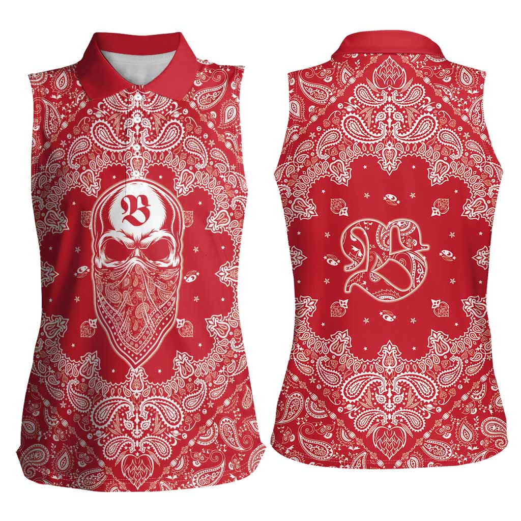 Red Paisley Women Sleeveless Polo Shirt Skull Gangster - Wonder Print Shop