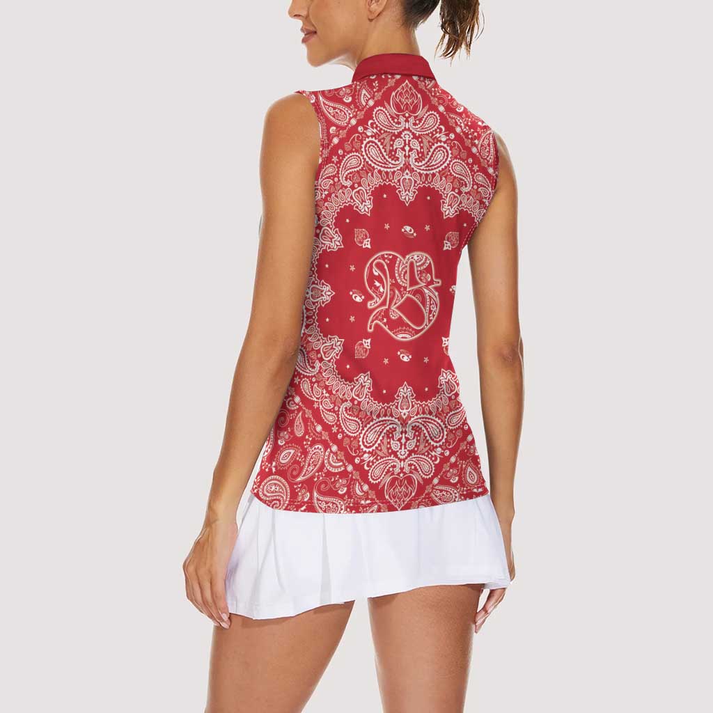 Red Paisley Women Sleeveless Polo Shirt Skull Gangster - Wonder Print Shop