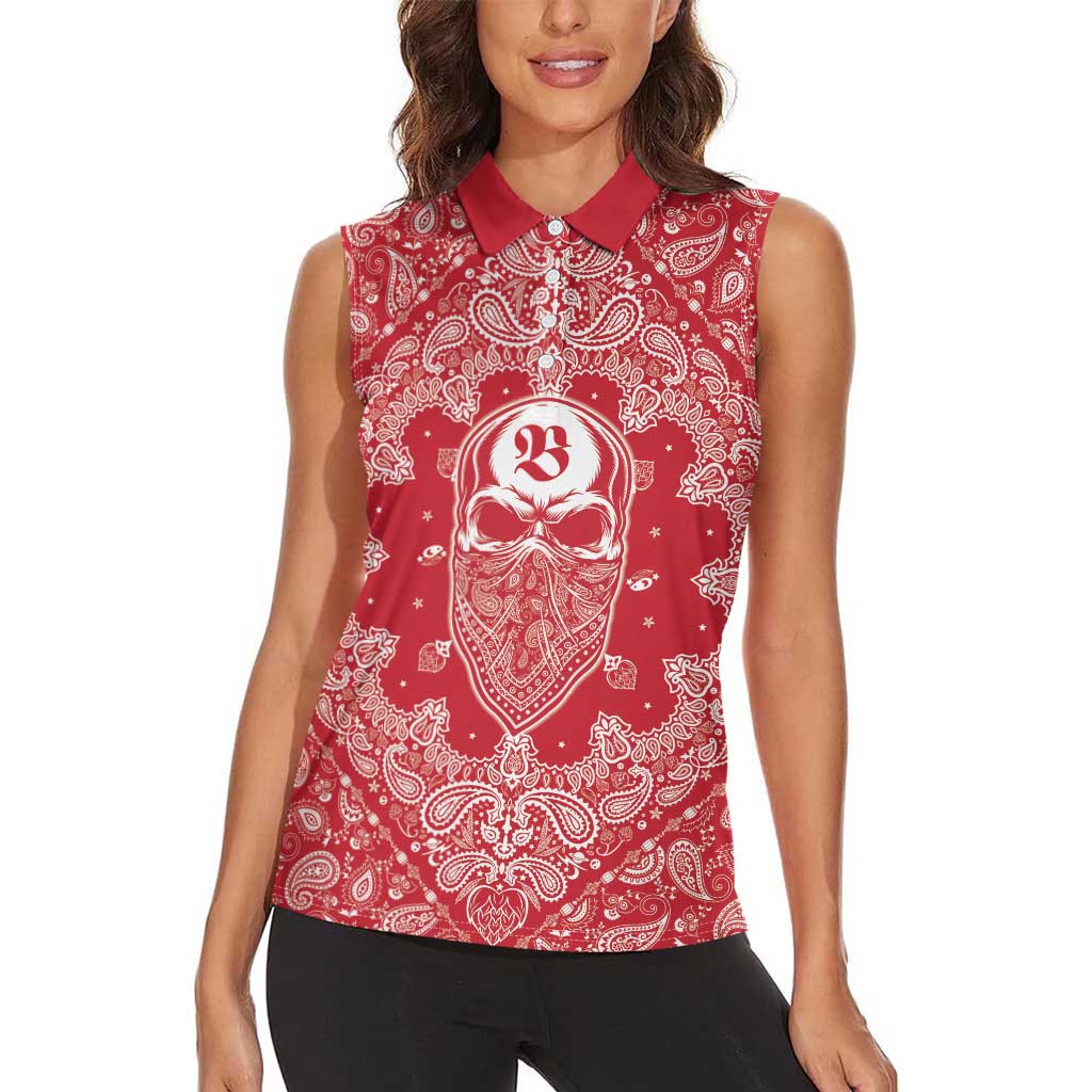 Red Paisley Women Sleeveless Polo Shirt Skull Gangster - Wonder Print Shop