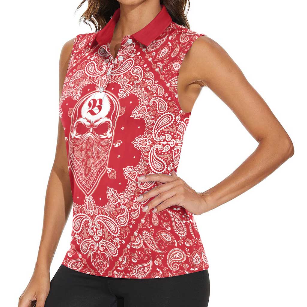 Red Paisley Women Sleeveless Polo Shirt Skull Gangster - Wonder Print Shop