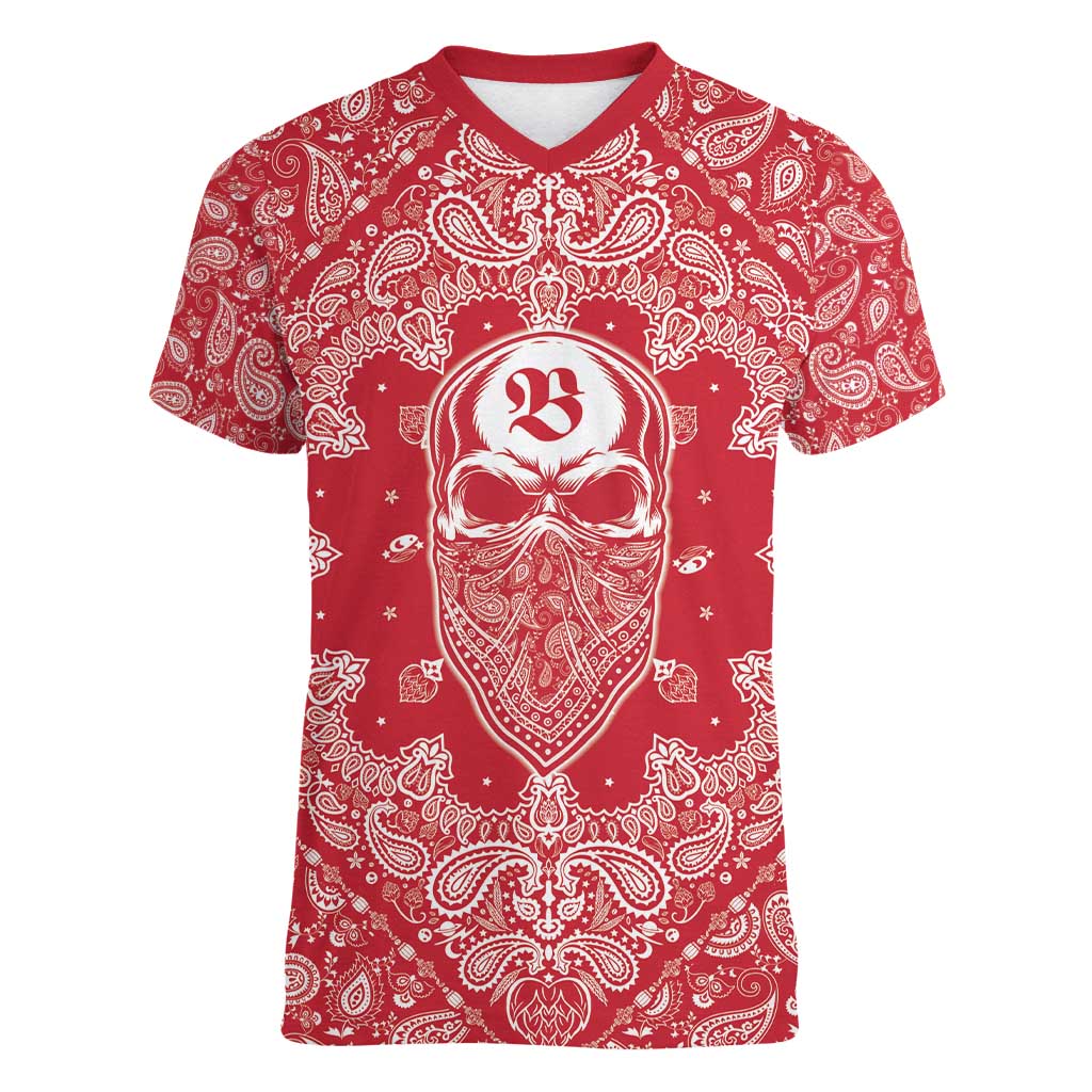 Red Paisley Women V-Neck T-Shirt Skull Gangster - Wonder Print Shop