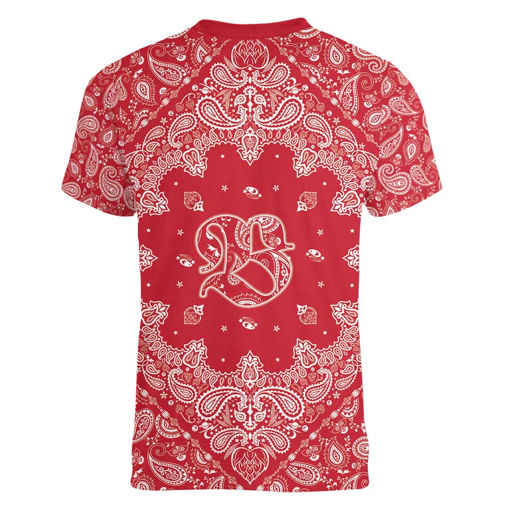 Red Paisley Women V-Neck T-Shirt Skull Gangster - Wonder Print Shop