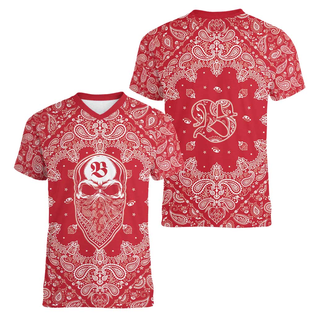 Red Paisley Women V-Neck T-Shirt Skull Gangster - Wonder Print Shop