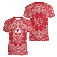Red Paisley Women V-Neck T-Shirt Skull Gangster - Wonder Print Shop