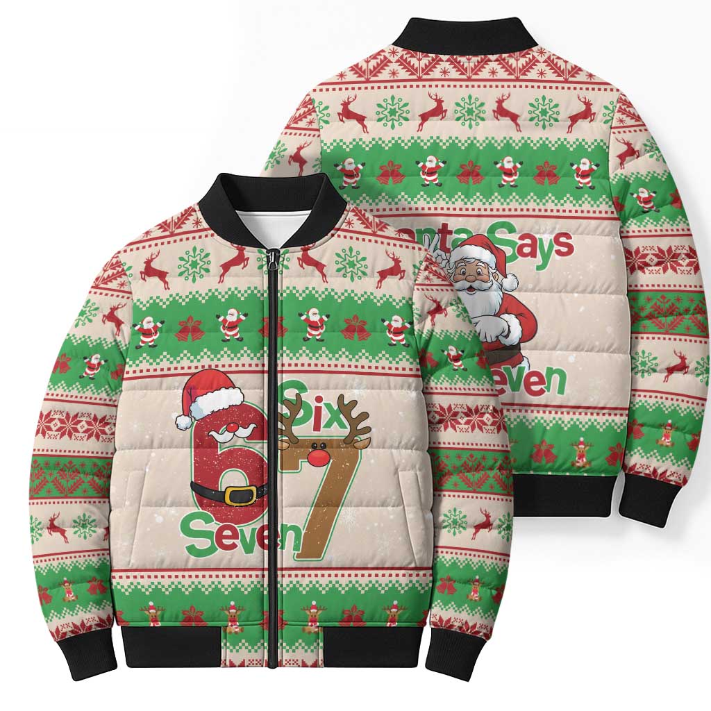 Funny Six Seven Meme Christmas Bomber Puffer Jacket Santa Says 6 7 - Wonder Print Shop
