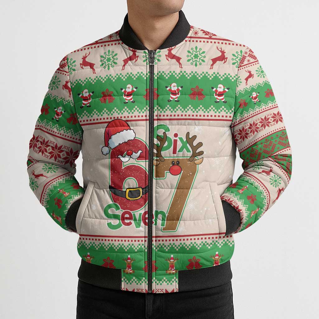 Funny Six Seven Meme Christmas Bomber Puffer Jacket Santa Says 6 7 - Wonder Print Shop